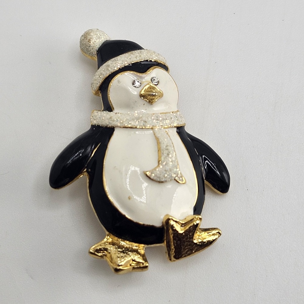 Holiday Pin Brooch Glitter Rhinestone Crystal Christmas Penguin Santa Enamel
